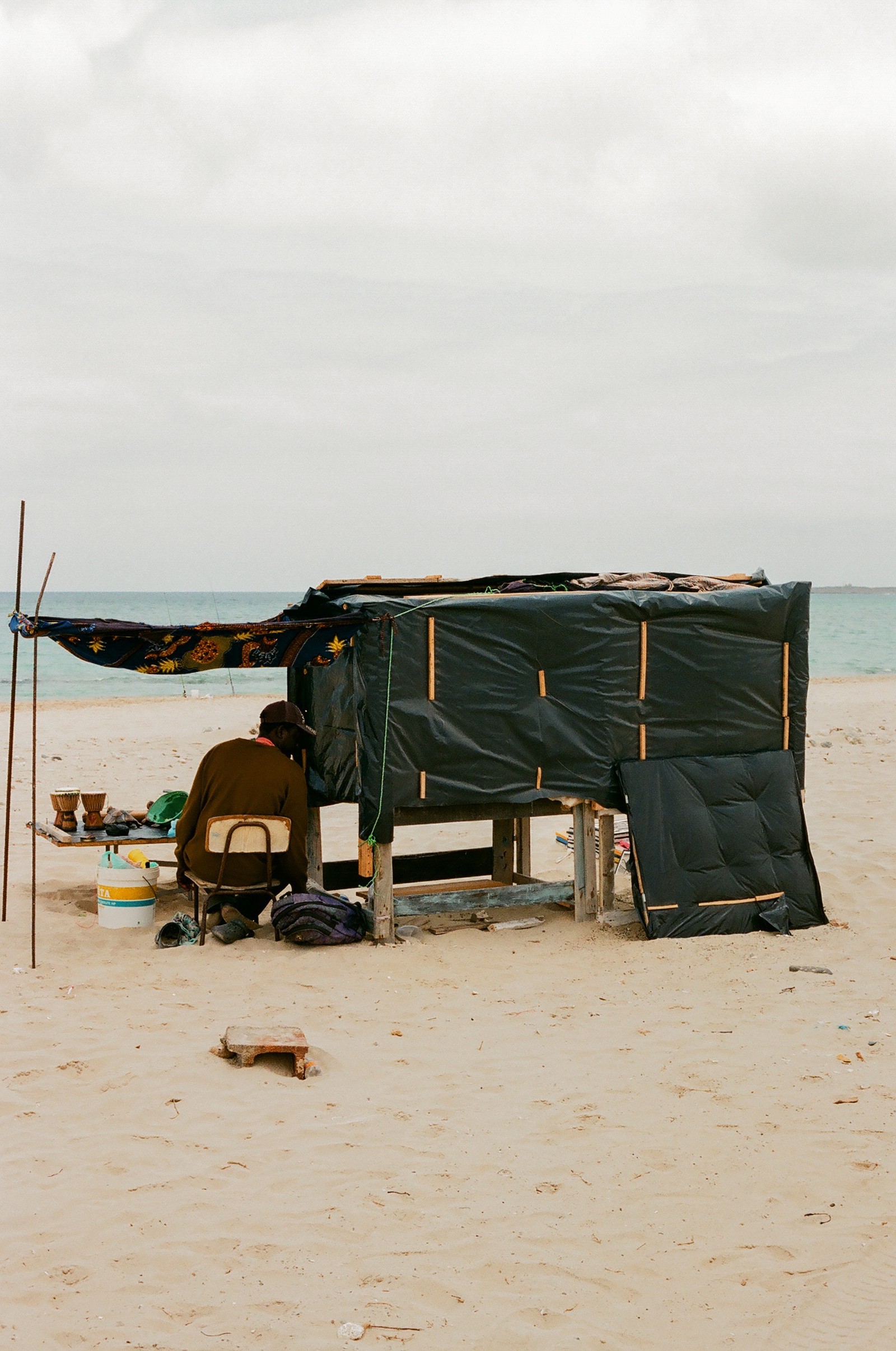 Souvenir beach traders and their hand made stalls - Boa Vista, Cape Verde 