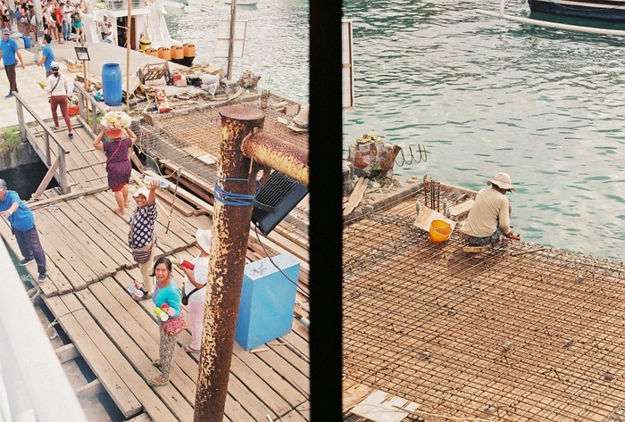 Women selling food + drinks at a boat dock in Bali half-frame 2018
